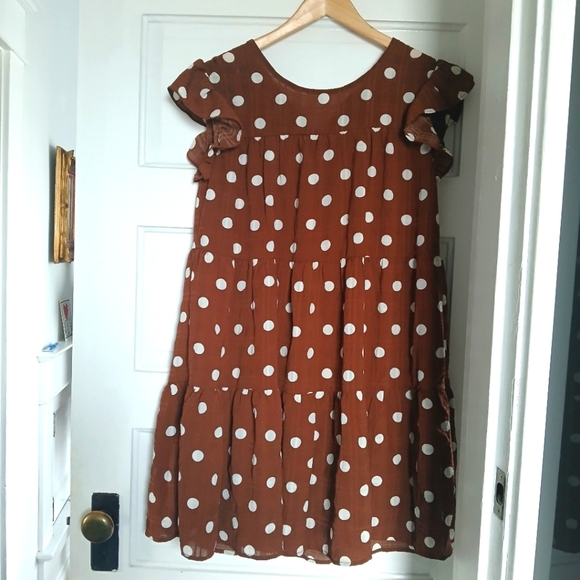Mine Dress Chocolate Brown and White Flutter Sleeve Mini Sundress Polka Dots - Picture 3 of 12